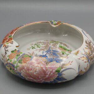 JAPANESE SHIBATA FLORAL PORCELAIN BOWL ASHTRAY CABBAGE ROSES MUMS GILT EDGE